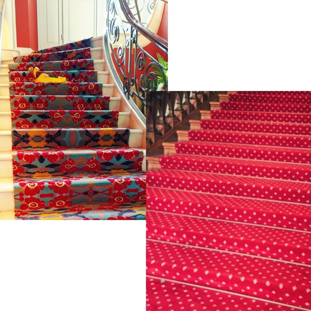 Collage de dos imágenes de alfombras para escaleras a medida en residenciales