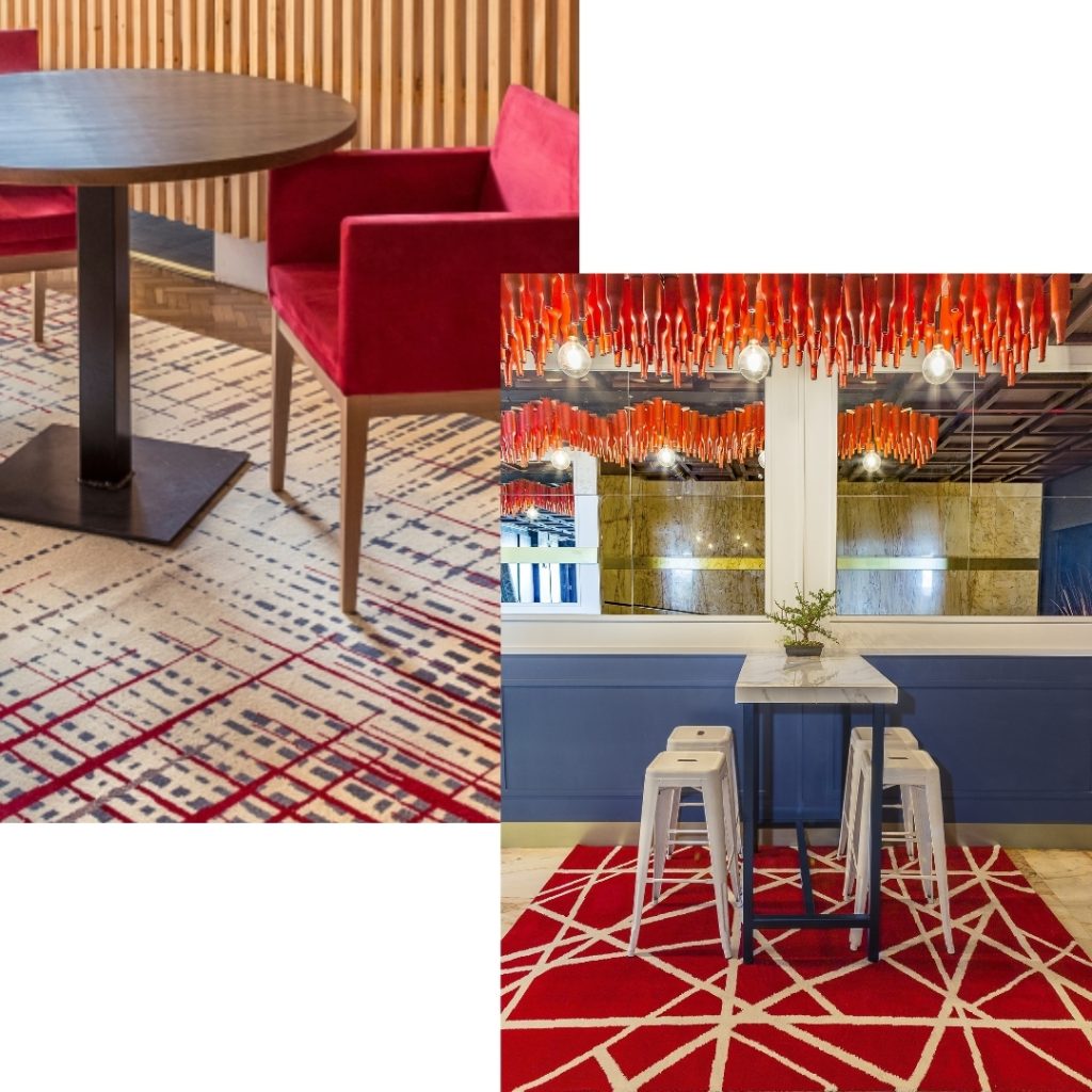 Collage con dos alfombras a medida en diferentes ambientes de restaurantes