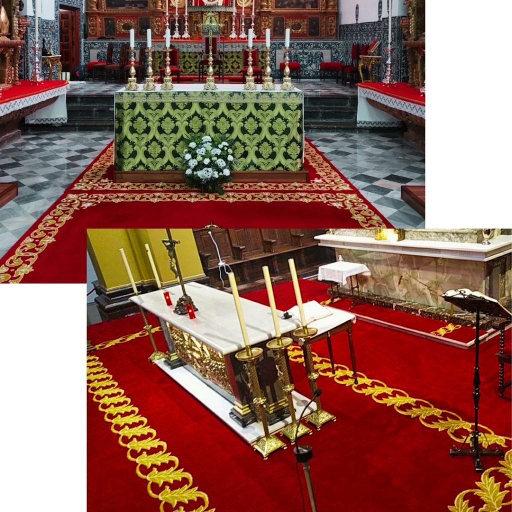 Collage de dos alfombras en altares de iglesias, con diseños a medida