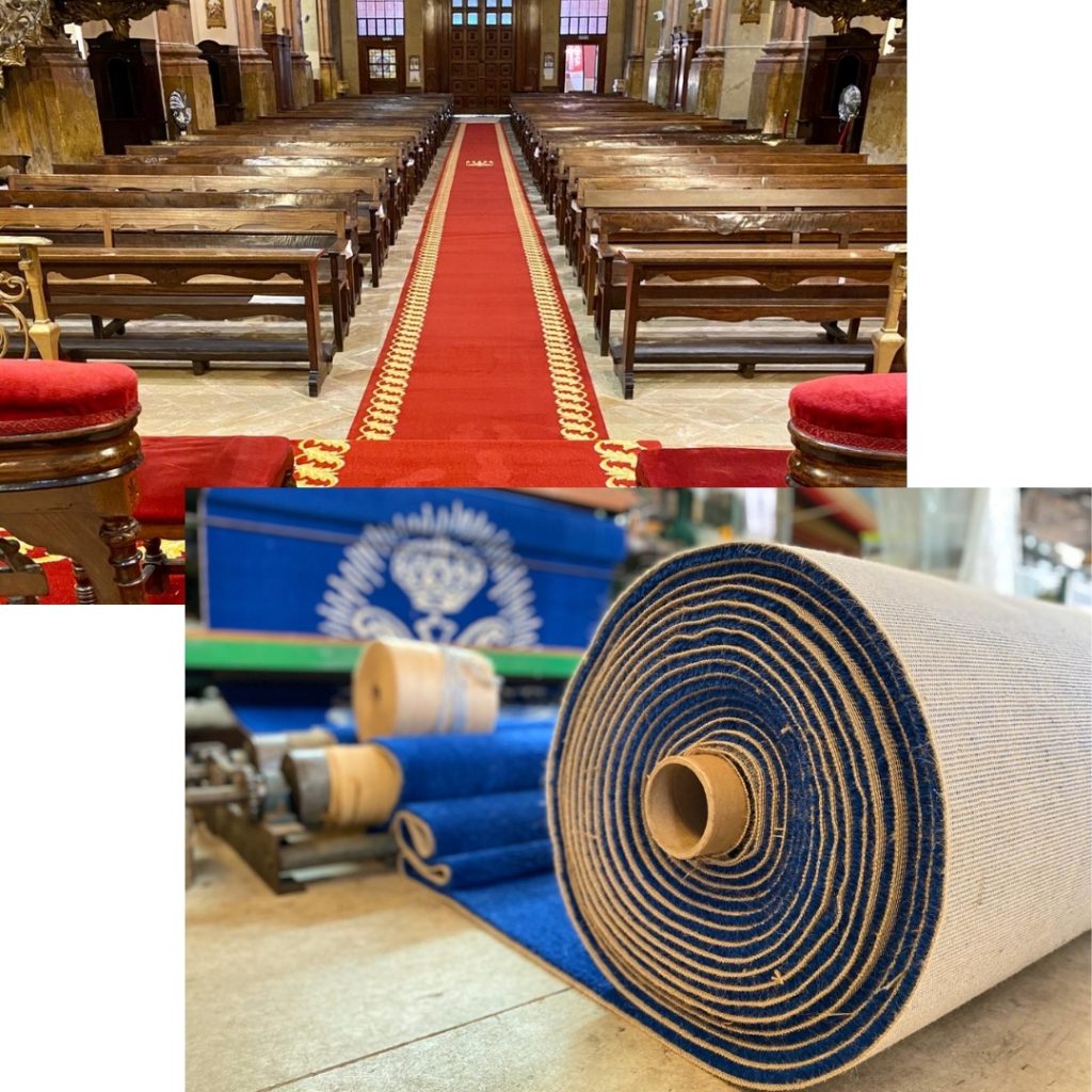 Collage dos imágenes de alfombras de pasillos de iglesias, una fabricándose en un telar y la otra vistiendo una iglesia