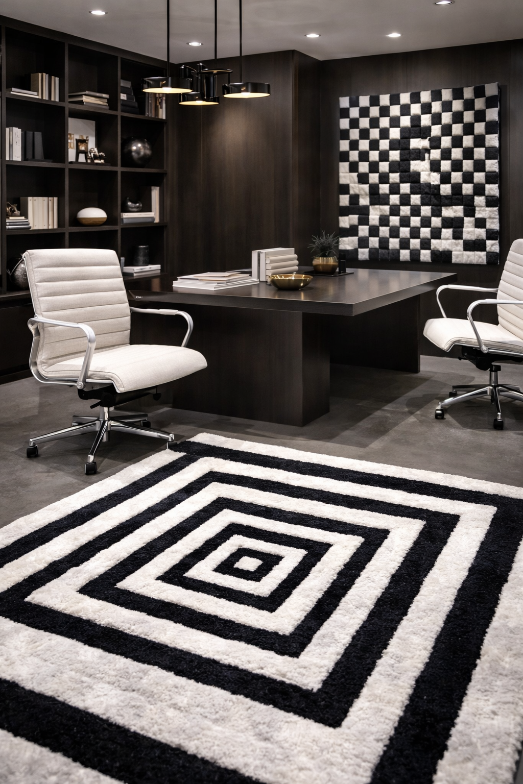 Imagen de un estudio moderno y elegante, con una alfombra geométrica negra y blanca en primer plano