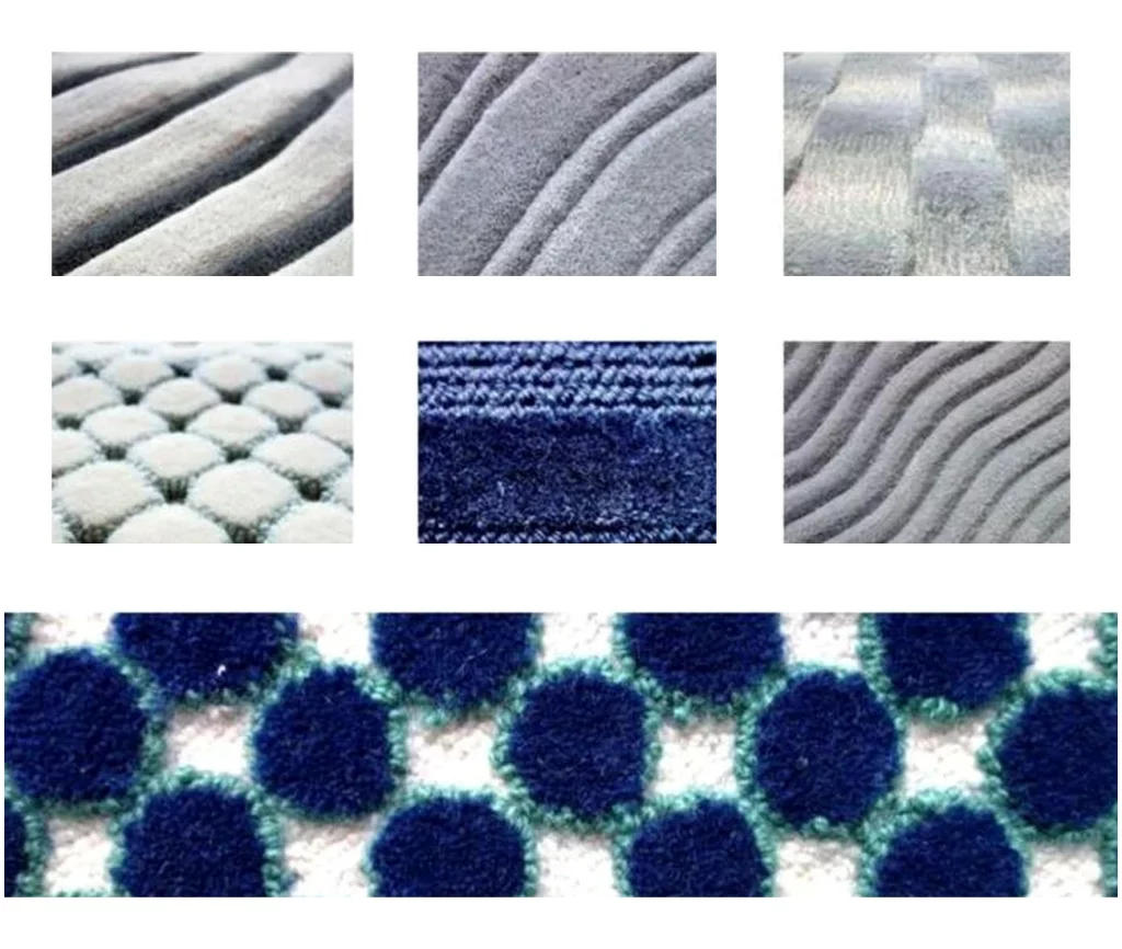 Diferentes muestras de tejidos de alfombras, donde se aprecian distintas texturas