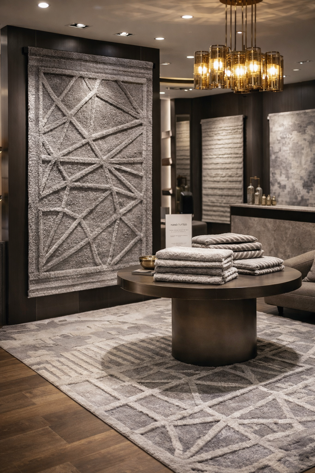 Imagen de ambiente de una sala moderna, con decoraciones textiles (alfombras) en las paredes